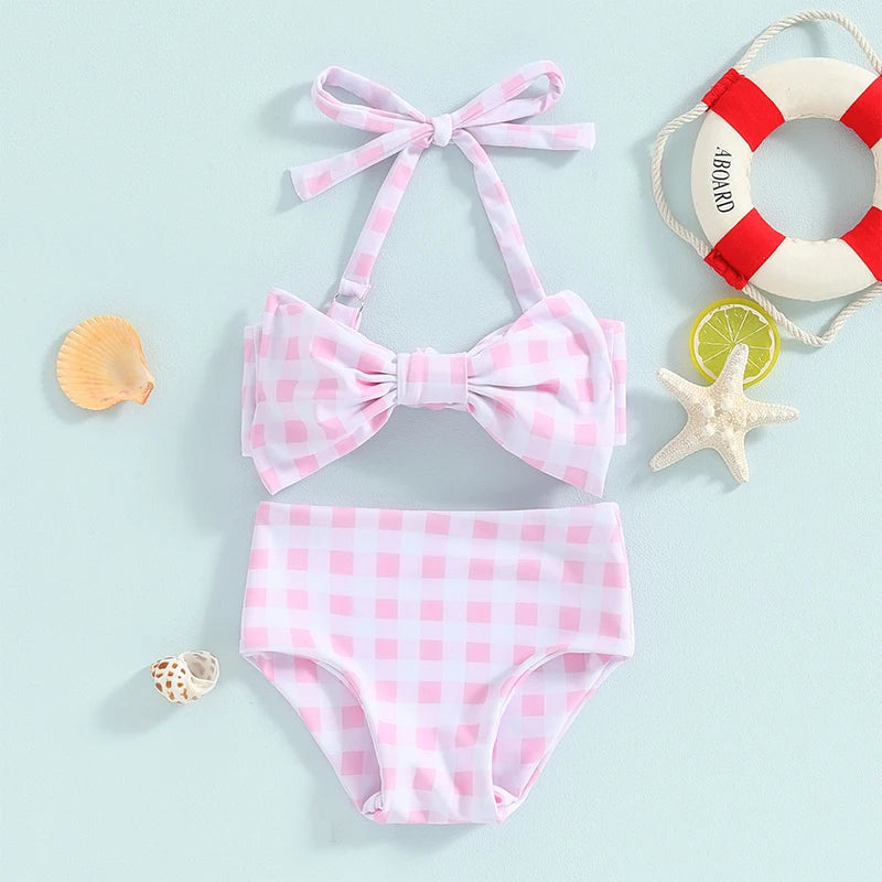 1-6Y Little Girls Bikini Sets Flower/Plaid Print Sleeveless Bow Bikini Tops with Shorts 2024 Summer Baby Swimsuit Kids Beachwear