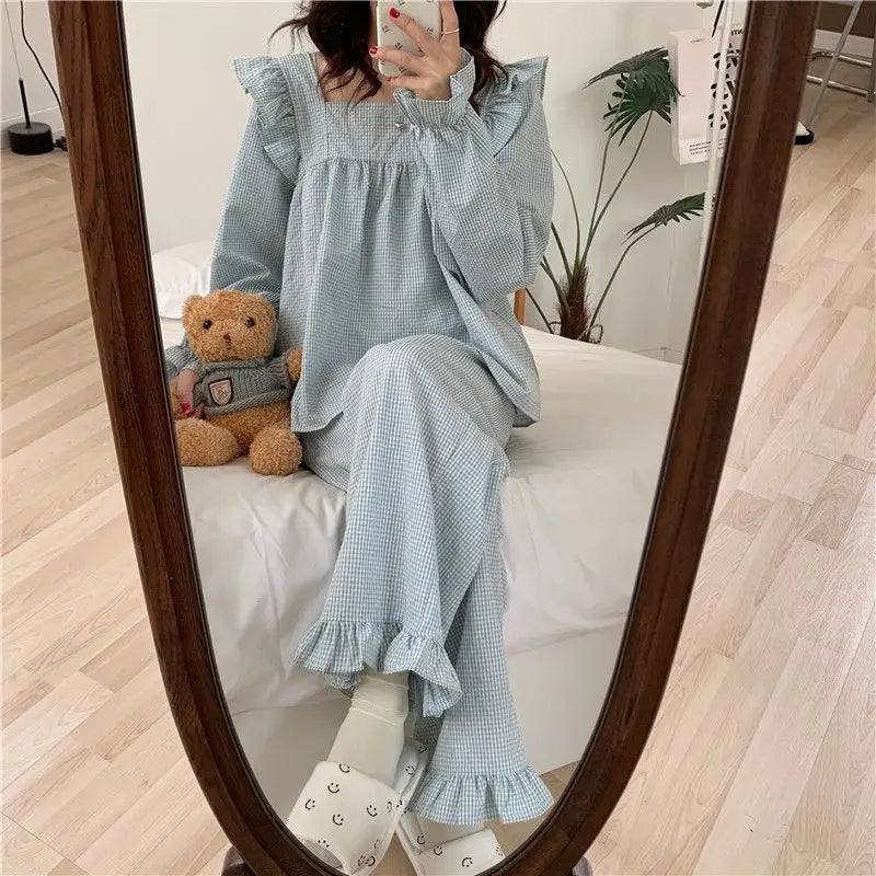 Pajama Sets Women Plaid Harajuku Schoolgirl Sweet Style Autumn Simple Sleepwear Square Collar Ins Popular Lovely Nightwear Daily