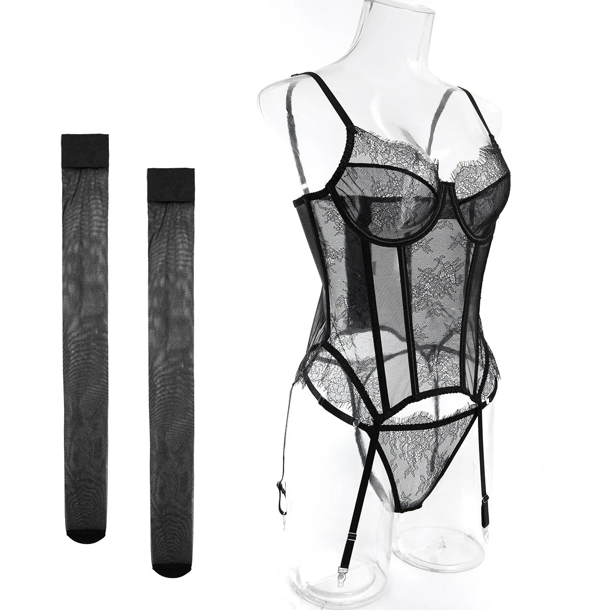 Sexy Lace Corset Lingerie Set for Women Push Up Bustier Bodysuit Boned Waist Cincher Garter Belt Stockings Erotic Underwear Set