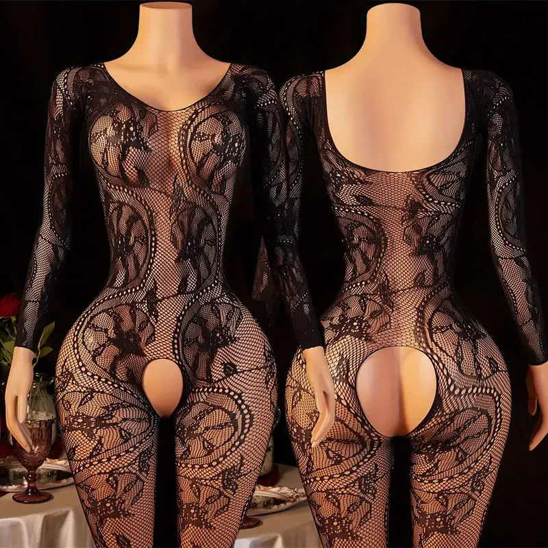 Lace Bra One-Piece Set Crotchless Lingerie Women's Curve Jumpsuit Hot Open Bras Body Stockings Halter Neck See-through Underwear