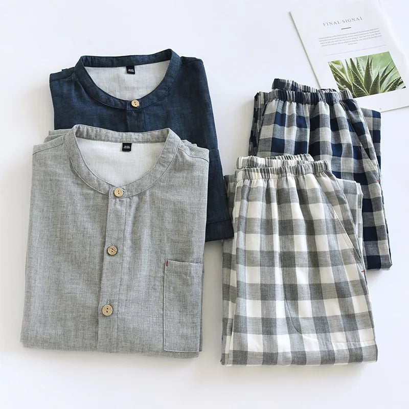 2026 Japanese Style Men's Cotton Pajama Sets Plaid Long Sleeve Trousers Sleepwear Sets Men Double-layer Cotton Homewear Lounge