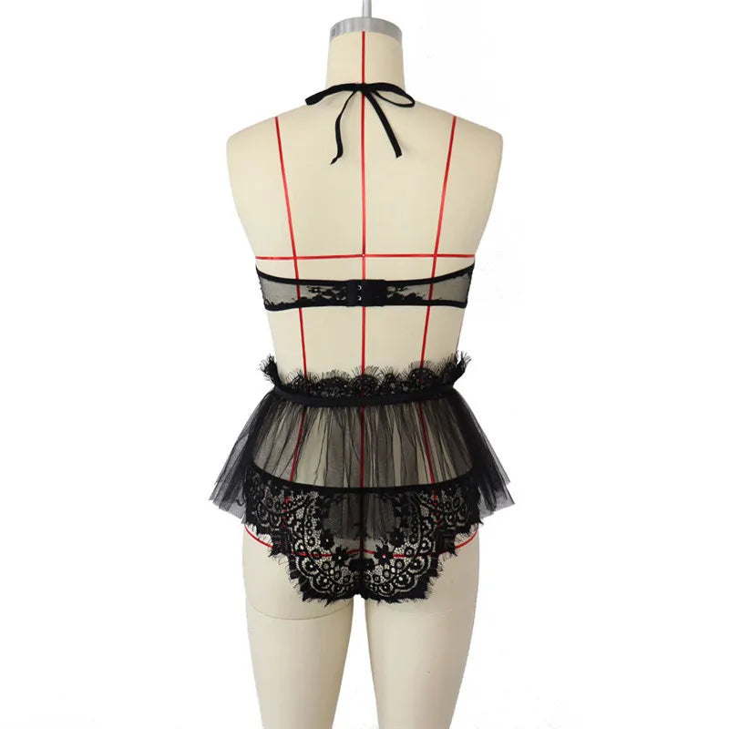 Sexy Lace Lingerie Sets See Through Erotic Bra Panties Garters Underwear Flirting Costumes Clothes Sex Outfits for Women