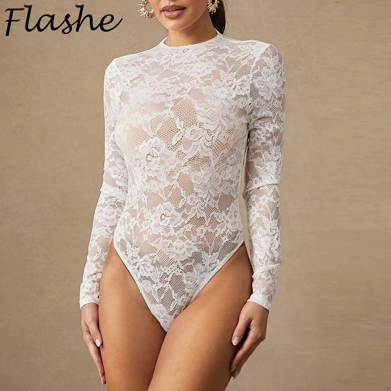 Sexy Lace Bodysuits For Women Fashion Clubwear Long Sleeve Slim See Through Romper Female Jumpsuit Lady Playsuit White Shirt