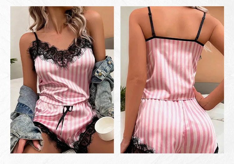 Sexy Women Striped Pajama Set Cami Top and Shorts Set with Lace Trim Sleepwear Loungewear  Nightwear Fashion Pink Plus Size