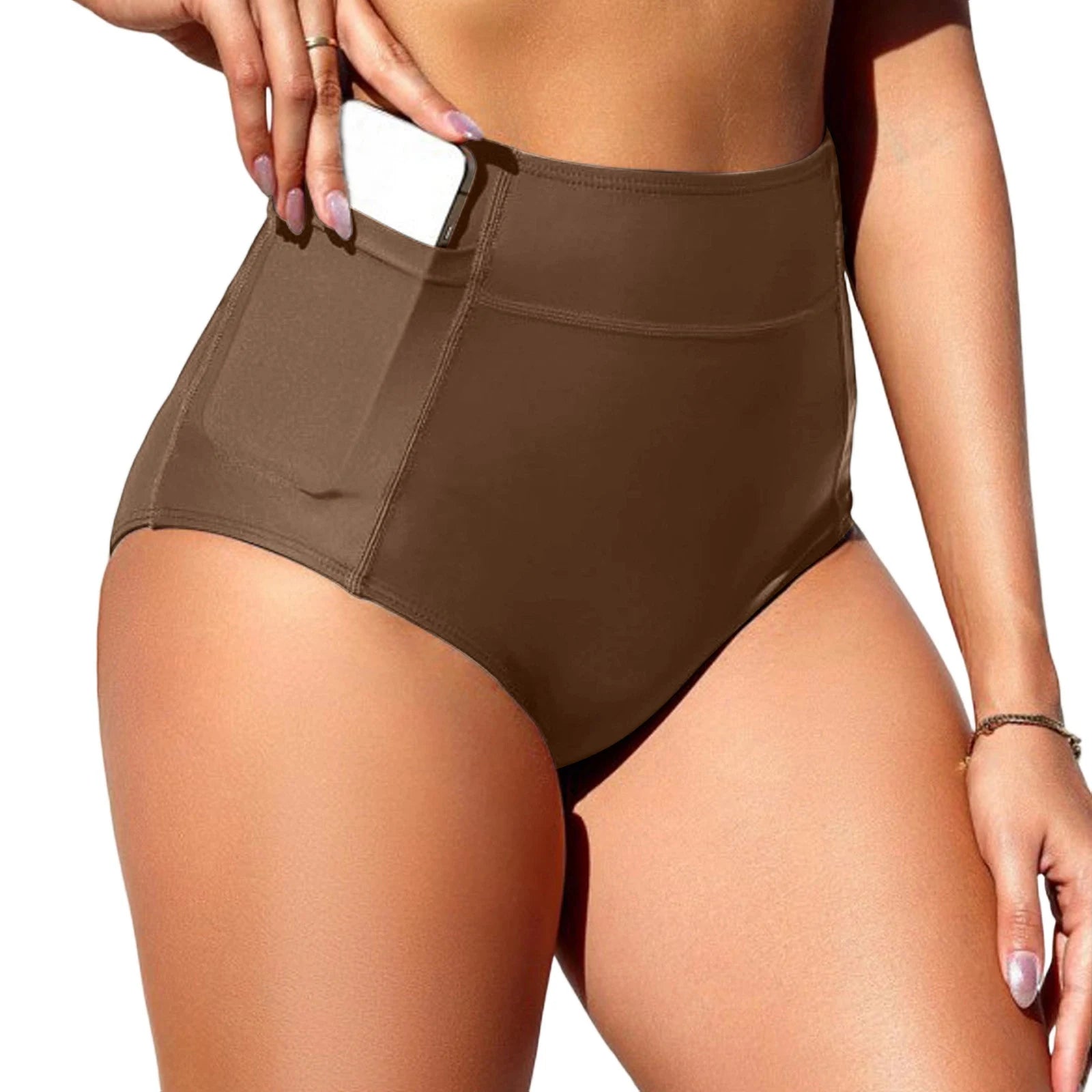 Women's High Waist Swimming Bottoms, Vintage Basic Bikini, Full Coverage Split Swimsuit Briefs, Swimming Trunk with Pockets
