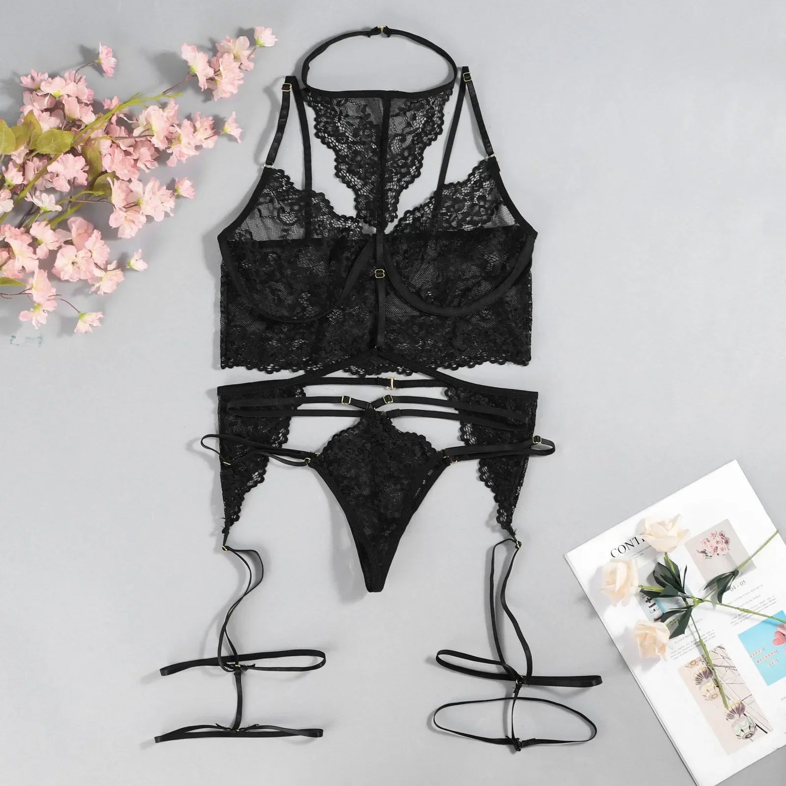 Porn Women Sexy Lingerie Sets Lace Halter Bra Bodysuit Garter Underwear Intimate Erotic Babydolls Sex Costumes Set