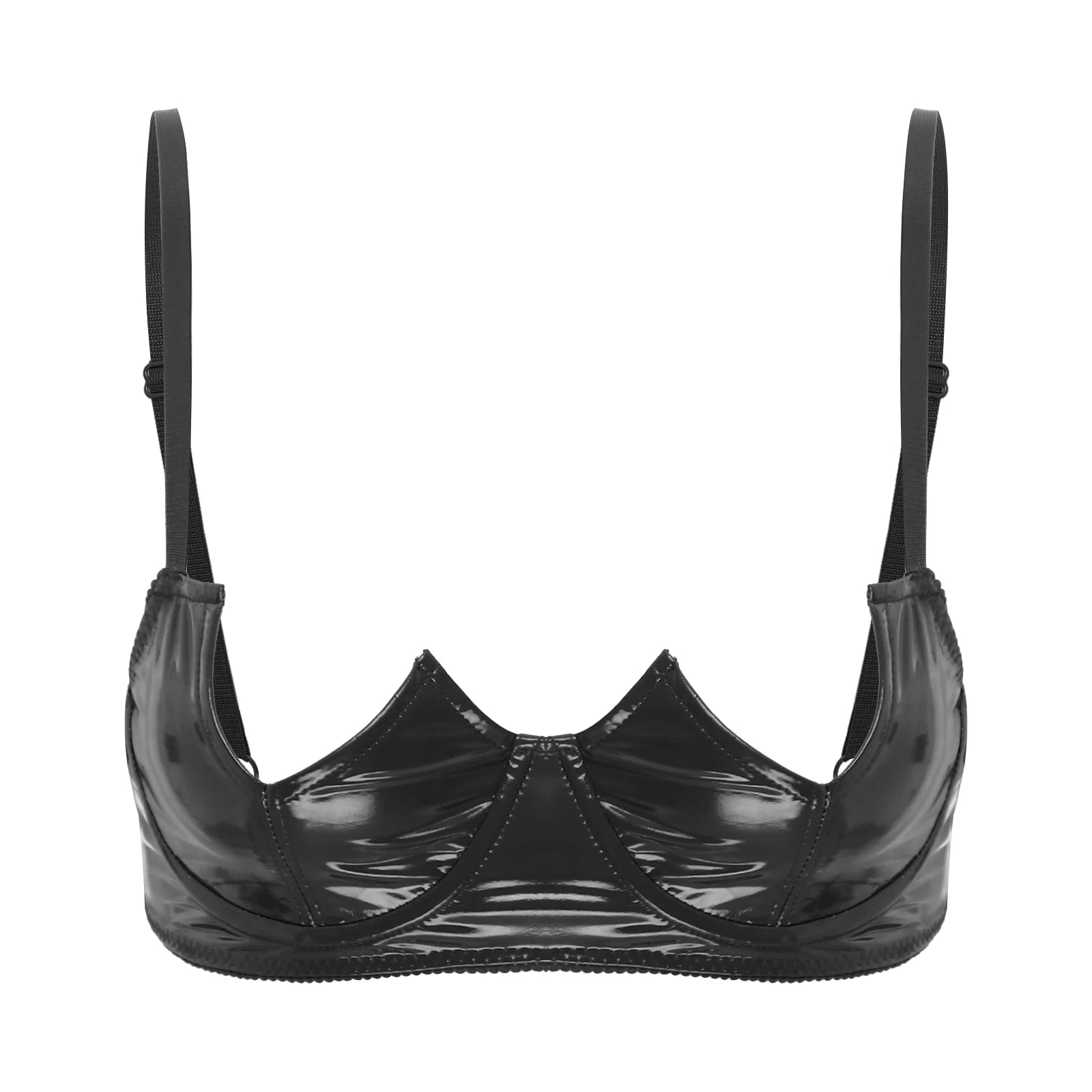 Womens Sexy Gothic Wet Look Patent Leather Bralette Lace Quarter Cup Underwired Shelf Bras Tops Push Up Sheer Floral Balconette