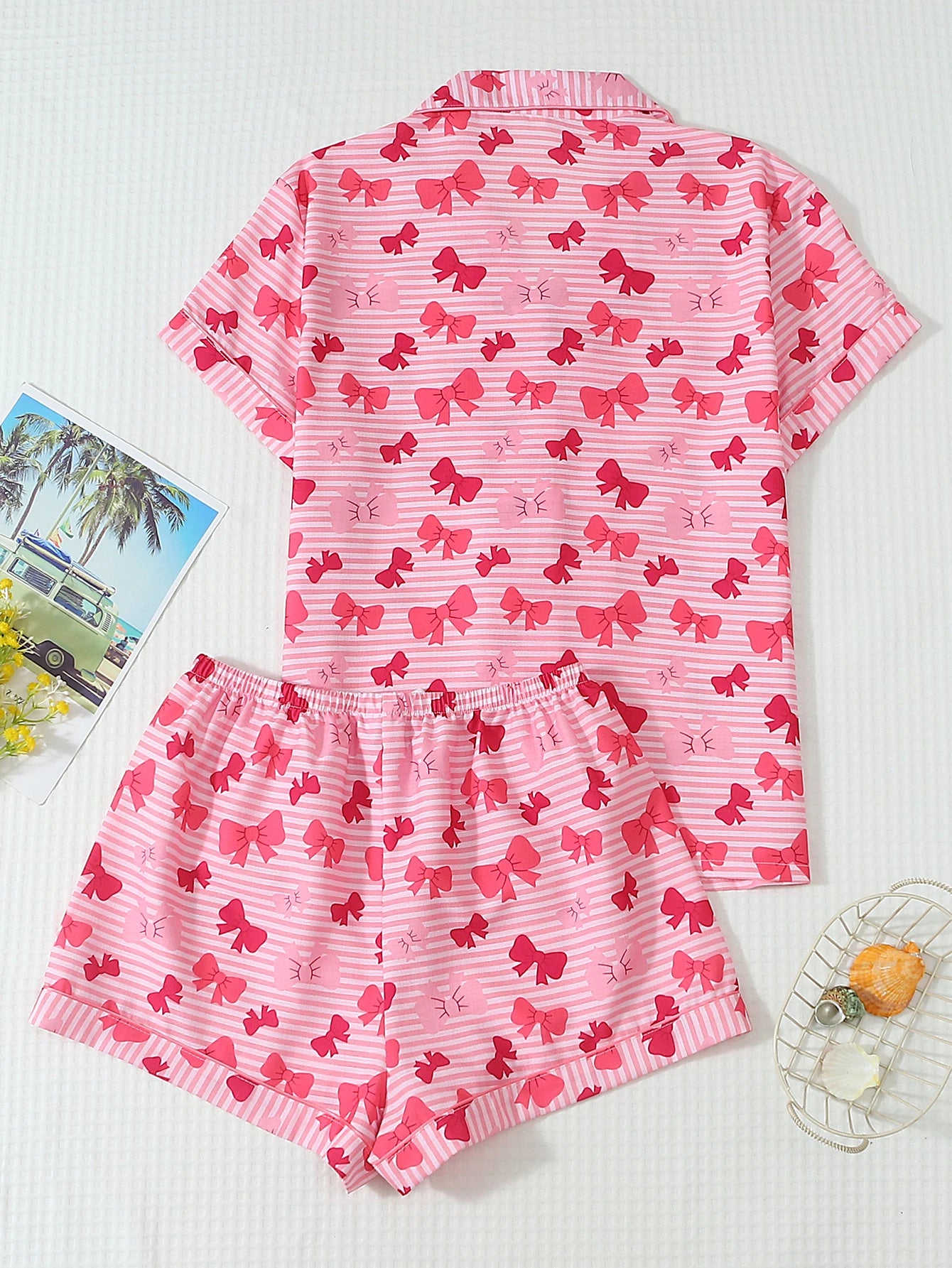 Two-Piece Set: Comfortable Pink and White Striped Top with Red Bow Print, Turn-Down Collar, Buttoned Short Sleeves, and Pockets, Paired with Bow Shorts. Spring/Summer Women's Pajama Loungewear Set Suitable for Home Use