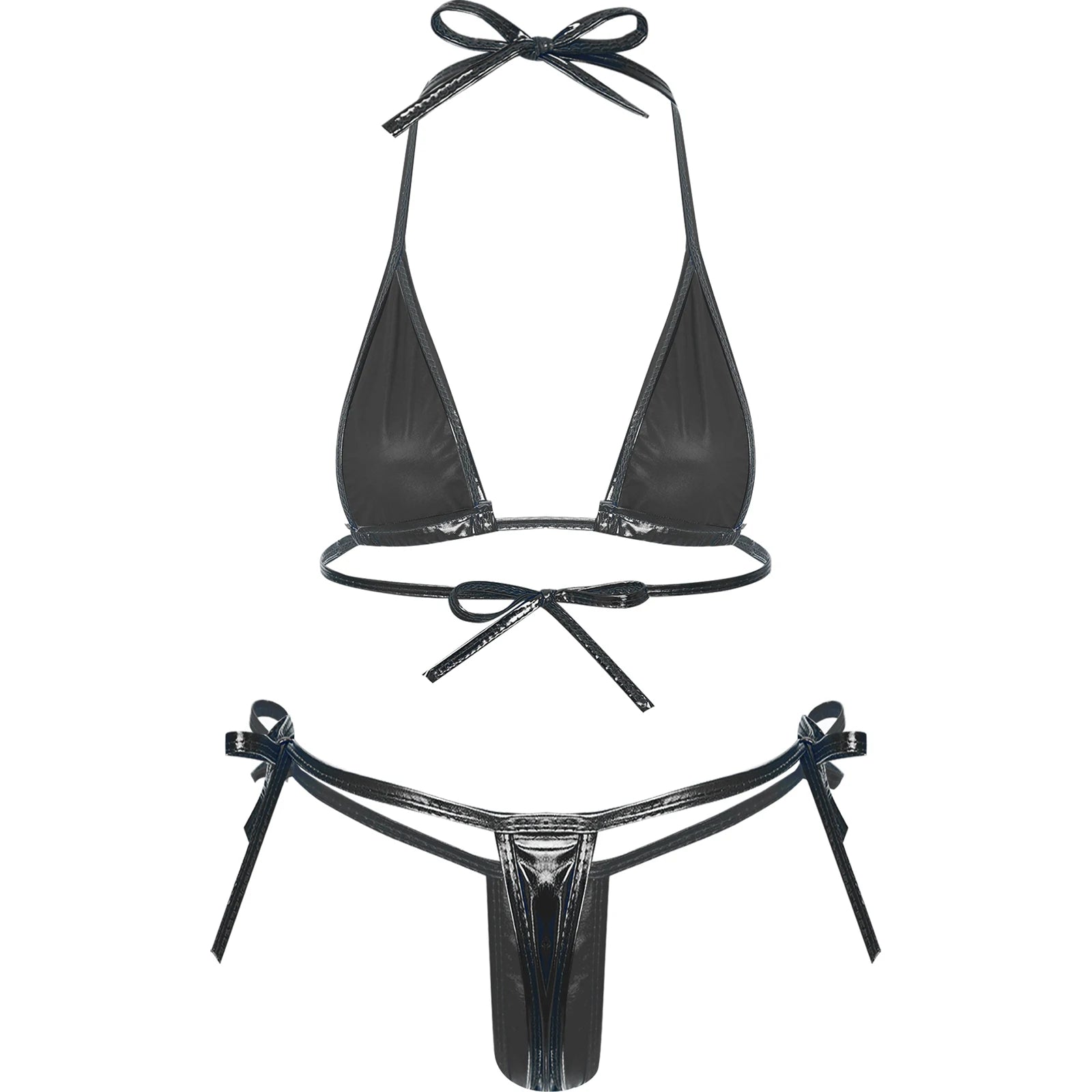 Womens Brazilian Micro Bikini Swimsuit Biquini Set Lacing Non-Padded Triangle Cup Bra Top with G-String Metallic Shiny Swimwear