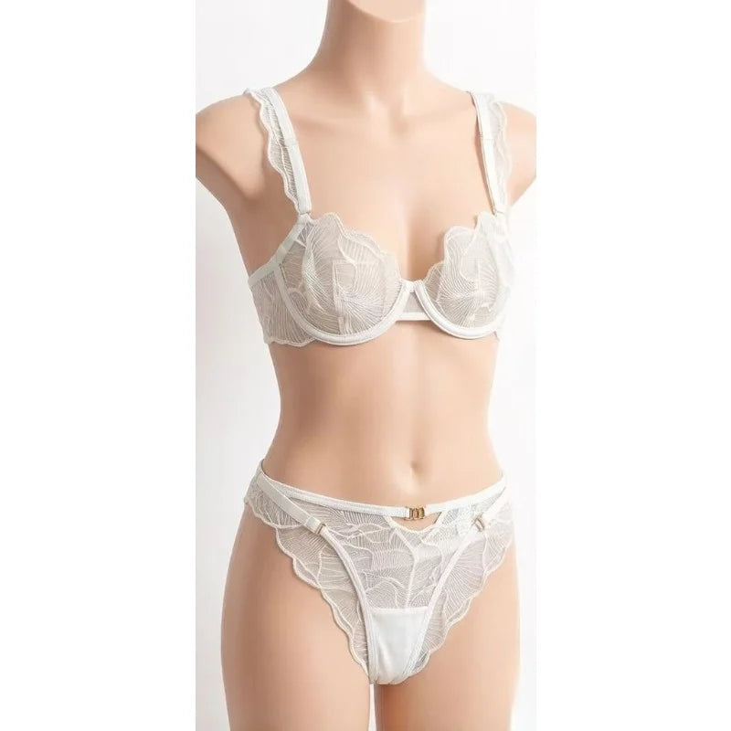 Erotic Lingerie Sets Sheer Transparent Lace Bras for Women Sexy Embroidery Push Up Bra and Thong Matching Set  Underwear Women