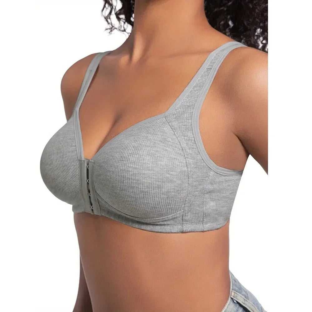 Women's Bra Wire-Free Front Closure Solid Color Full Coverage 3D Cups More Considerate for Middle-Aged And Elderly Individual