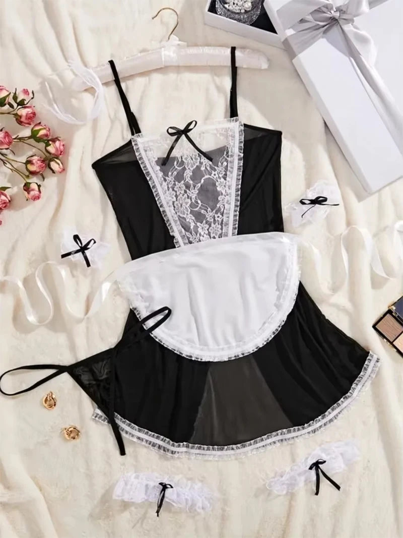 Sexy Lingerie Women Cosplay Bra Set Hot Erotic Servant Lolita Costumes French Apron Maid Dress Porn Uniform Teddy Underwear Set