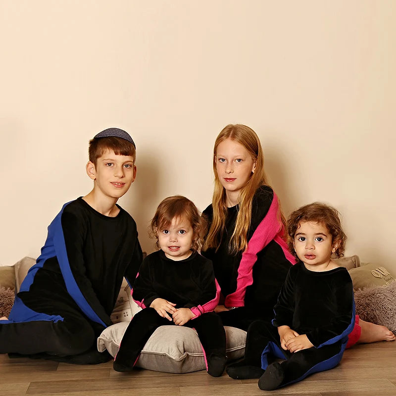 Boys pajama set blue black top and pants kids clothes for boy and girl clothing round neck winter season front velour back rib