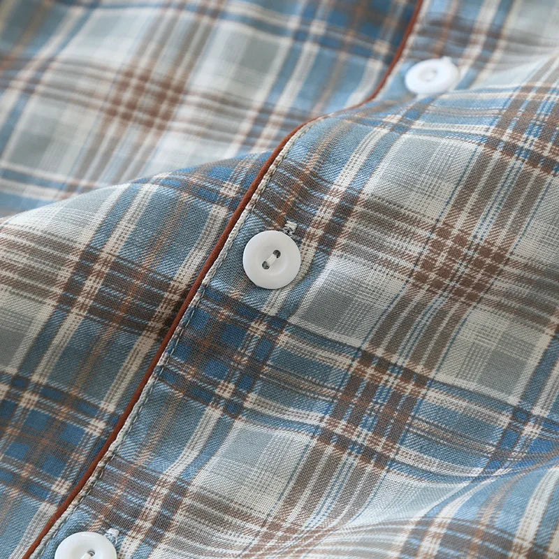 2026 Japanese New Men's Pajama Set Spring/Summer Checkered Simple Long sleeved Two Piece Set 100%Cotton Cardigan Home Furnishing