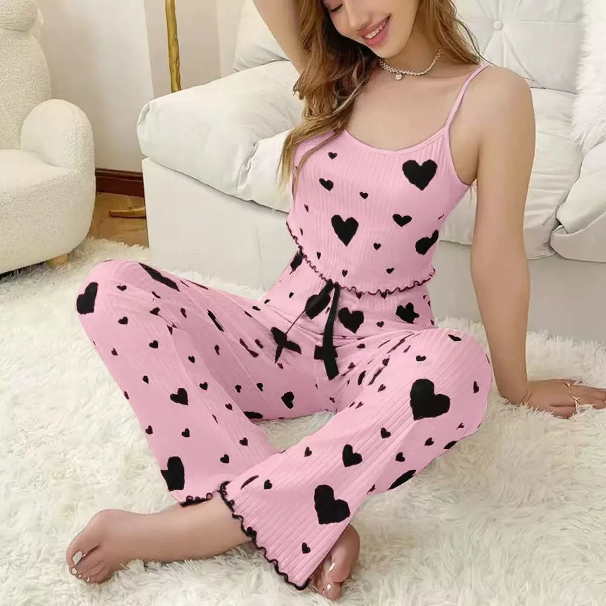 Women Sleepwear Heart Print Sleeveless Cami Vest with Long Pants Pajamas Set Lingerie