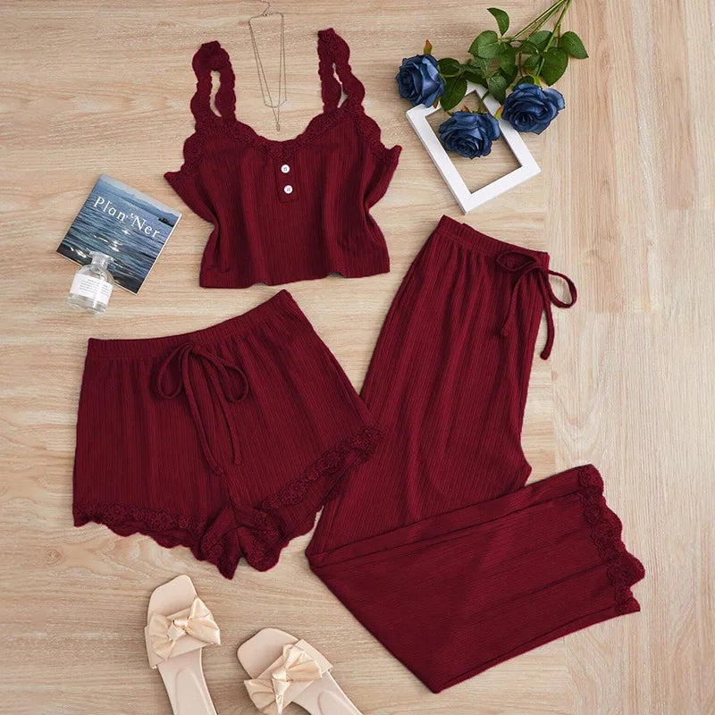 Summer 3PCS Pajama Sets for Women's Solid Vest Shorts and Pants Paired with Lace Splicing for Homewear Sexy Sleepwear Sets