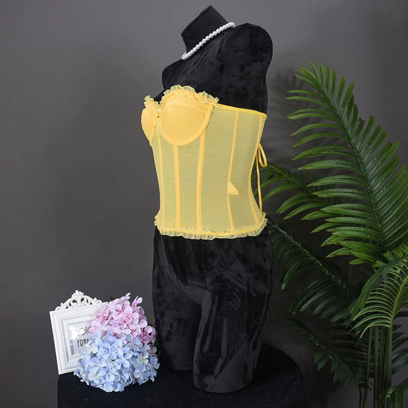 Women Sheer Lingerie Streetwear Lace-up Bustier Corset Tops Slim Backless y2k Tank Top Strapless Striped Sheath Sexy Camisole