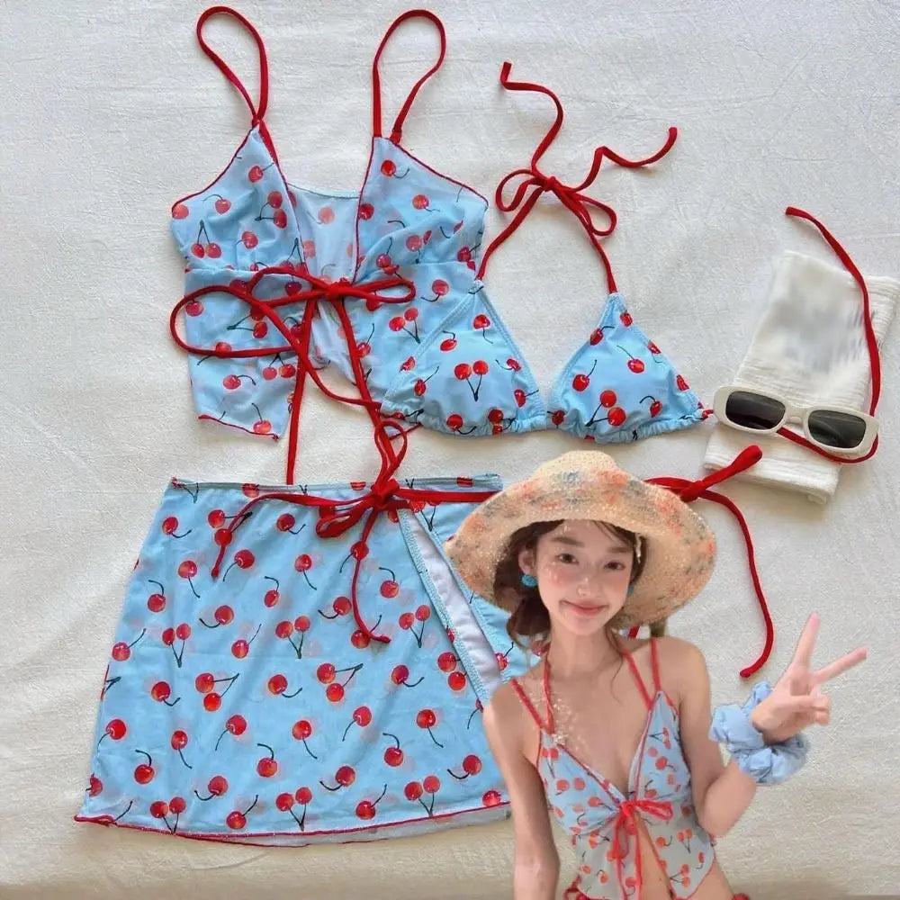 Cover-Ups Pure Color Cherry Bikini Set Push Up Mesh Lace Up Four Piece Set Print Pattern Wrap Skirt Sexy Swimwear Beach Wear