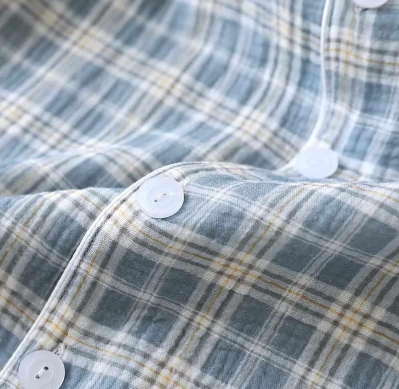 Men's 2-Piece Pajama Set - Japanese Plaid Sleepwear, Cotton Gauze Short Sleeve & Shorts, Lightweight & Breathable Relaxed Fit, S