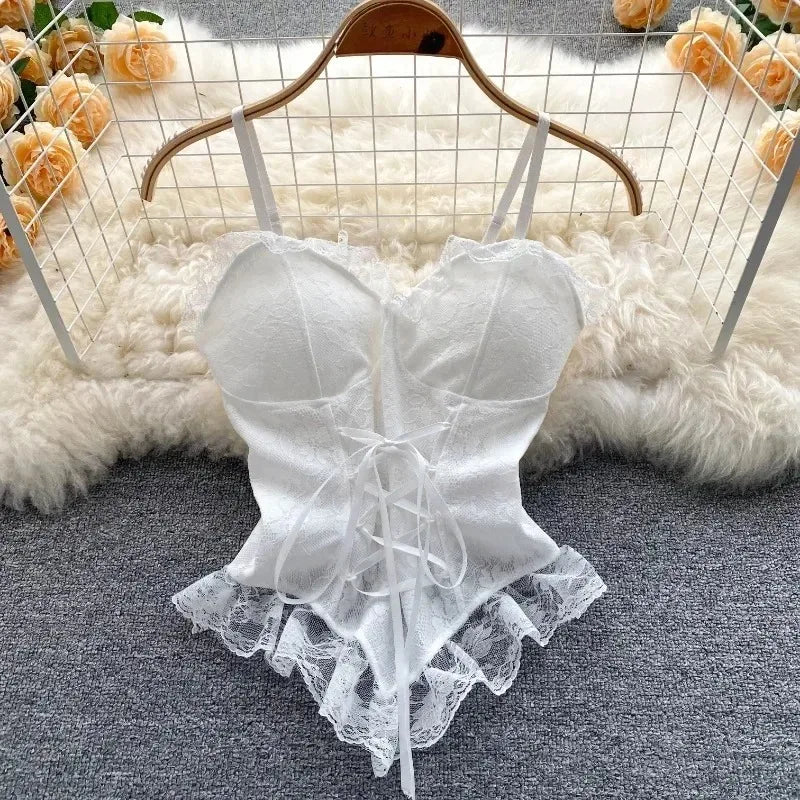 Women Vintage Lace Corset Bustier Spaghetti Straps Tanks and Camis Sexy Slim Crop Top Urban Chic Camisole Fashion Summer Clothes