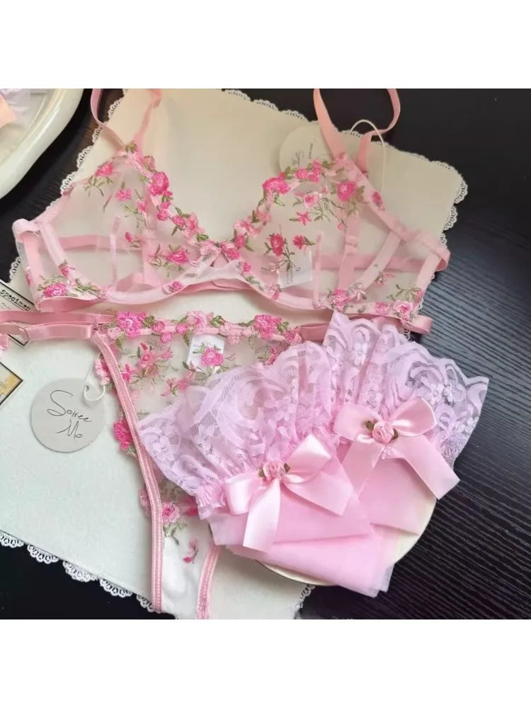 Sexy Lingerie Set - Pink French Lace Bra|G-stringFloral Embroidery Women's Underwear,Sweet Push Up Bra Set,Valentine's Day Gift