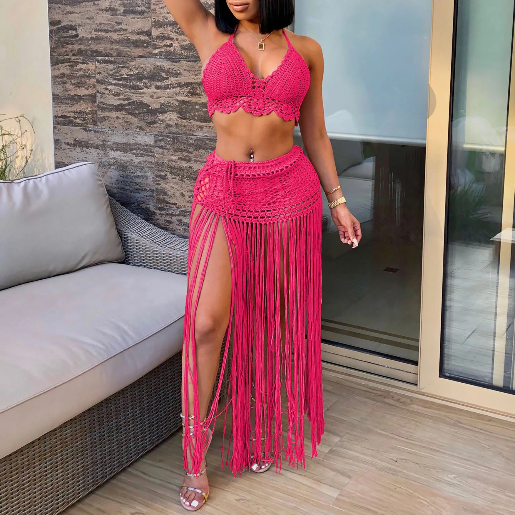 New Women's Two Pieces Swimsuits Beach Style Knitted Bikini Tops High Waist Tassel Long Skirts Female Sexy Cover Up Bikini Sets