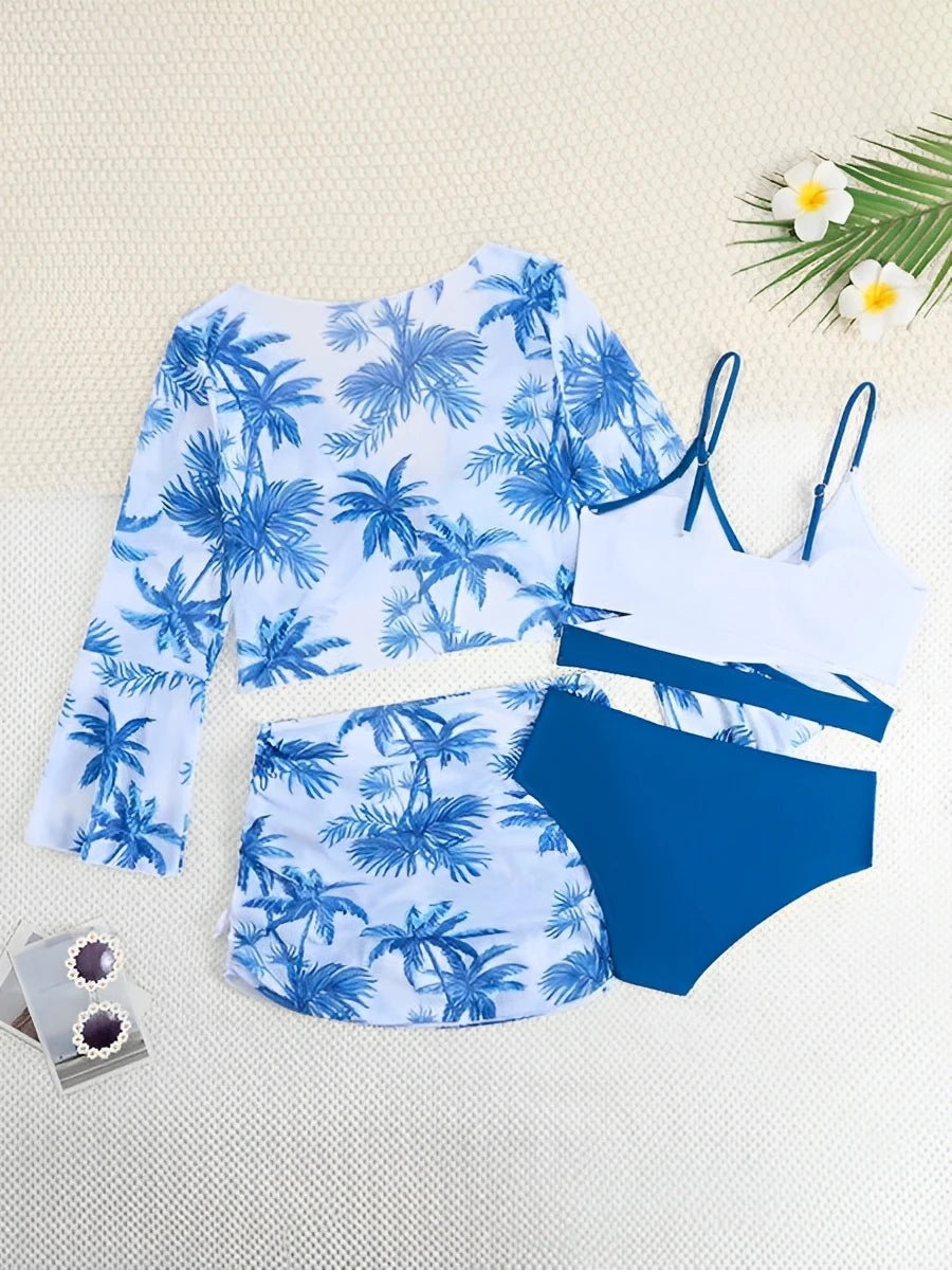 4 Pieces Bikini Top & Skirt 2026 Girls Swimsuit Kids High Waist Swimwear Children Bathers Bathing Swimming Swim Suit Beachwear