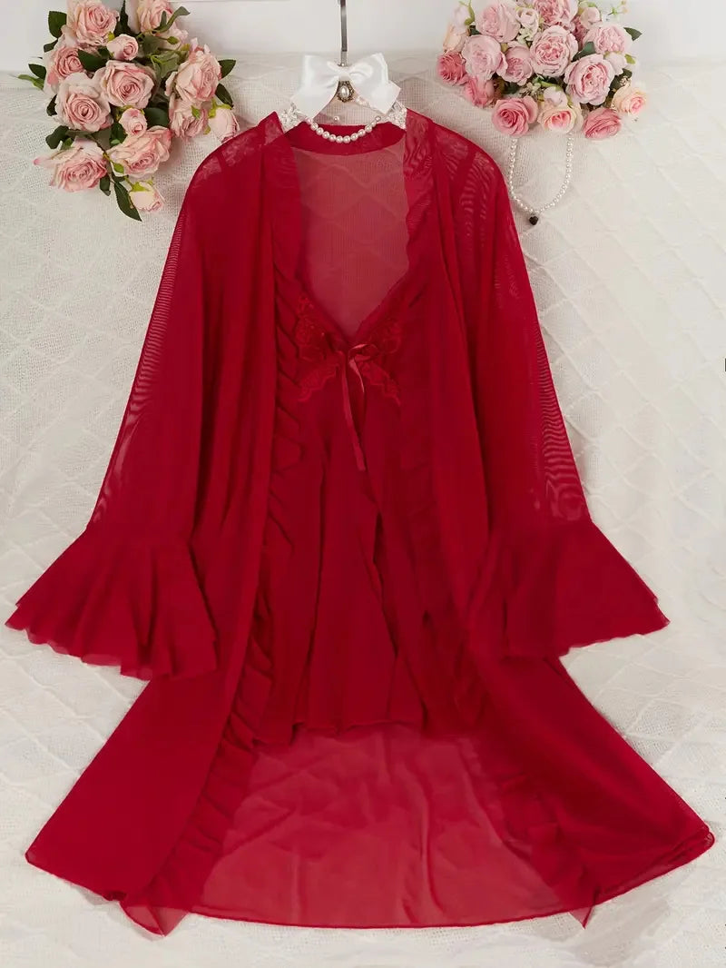 Women Sexy Robe Lingerie Set Lace V-neck Cami Dress with Transparent Mesh Night Gown Robe Nightwear Female Leisure Sleepwear