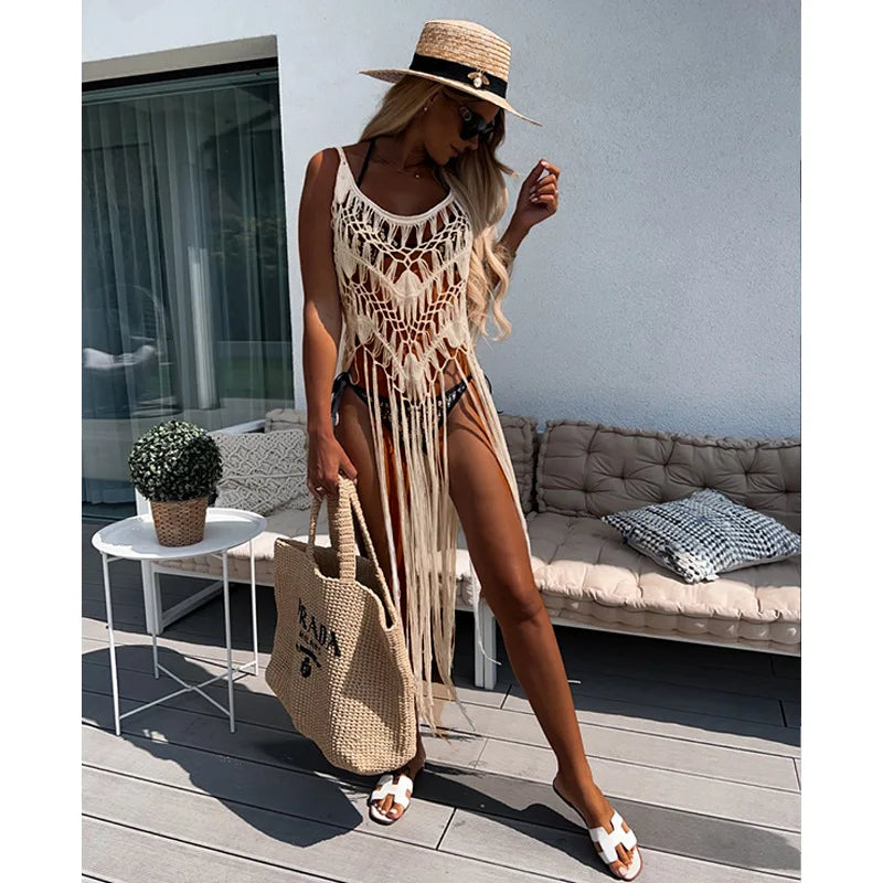 Beach Cover Ups for Swimwear Women Sexy Hand Hook Hollow Out Sunscreen Shirt with Long Tassel Beach Cover