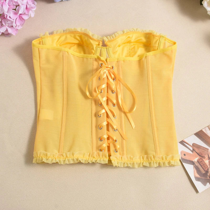 Women Sheer Lingerie Streetwear Lace-up Bustier Corset Tops Slim Backless y2k Tank Top Strapless Striped Sheath Sexy Camisole