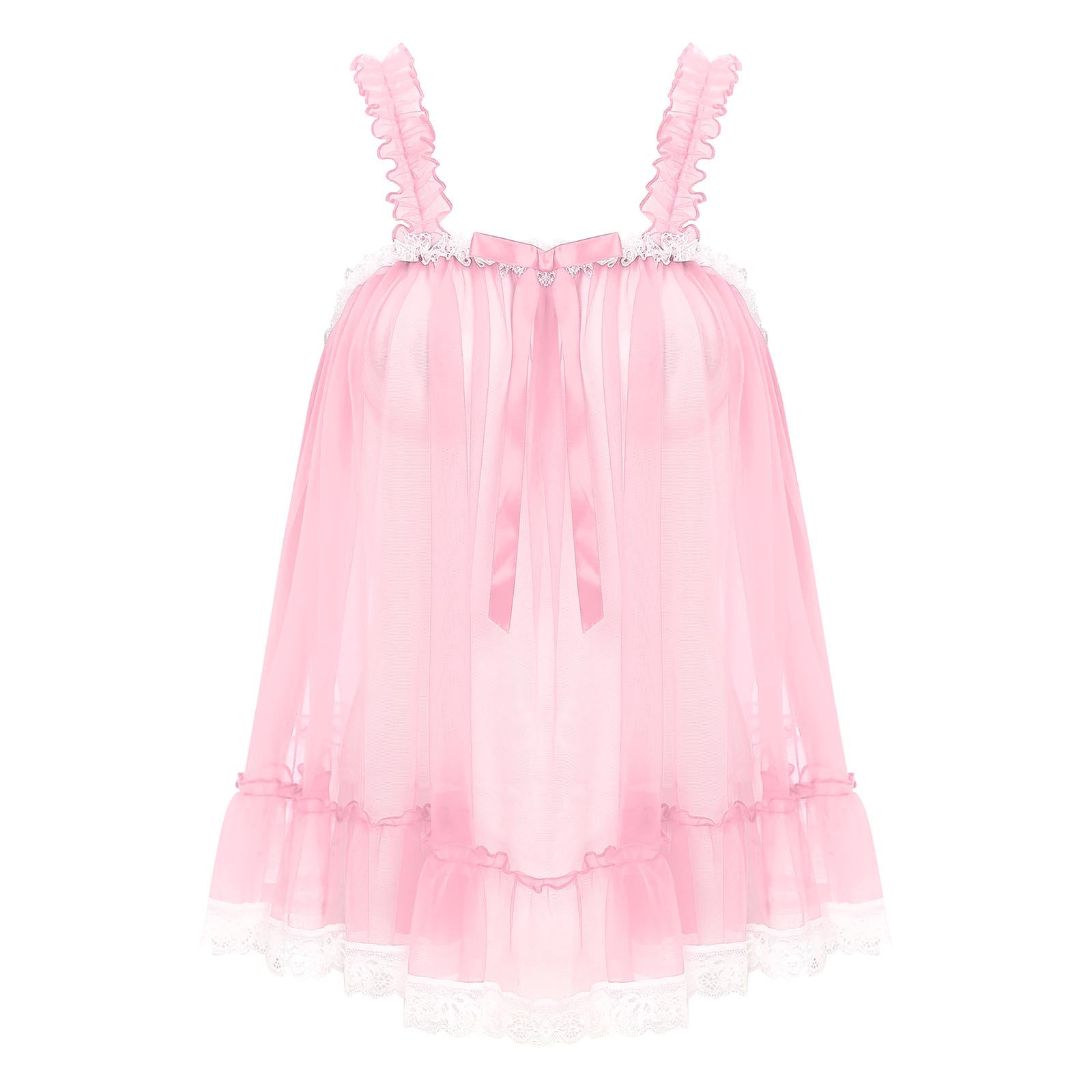 Womens Sexy See-Through Babydolls Sheer Mesh Top Ruffle Straps Bow Lace Trim Camisole Tops Lingerie Tempting Nightwear Clubwear