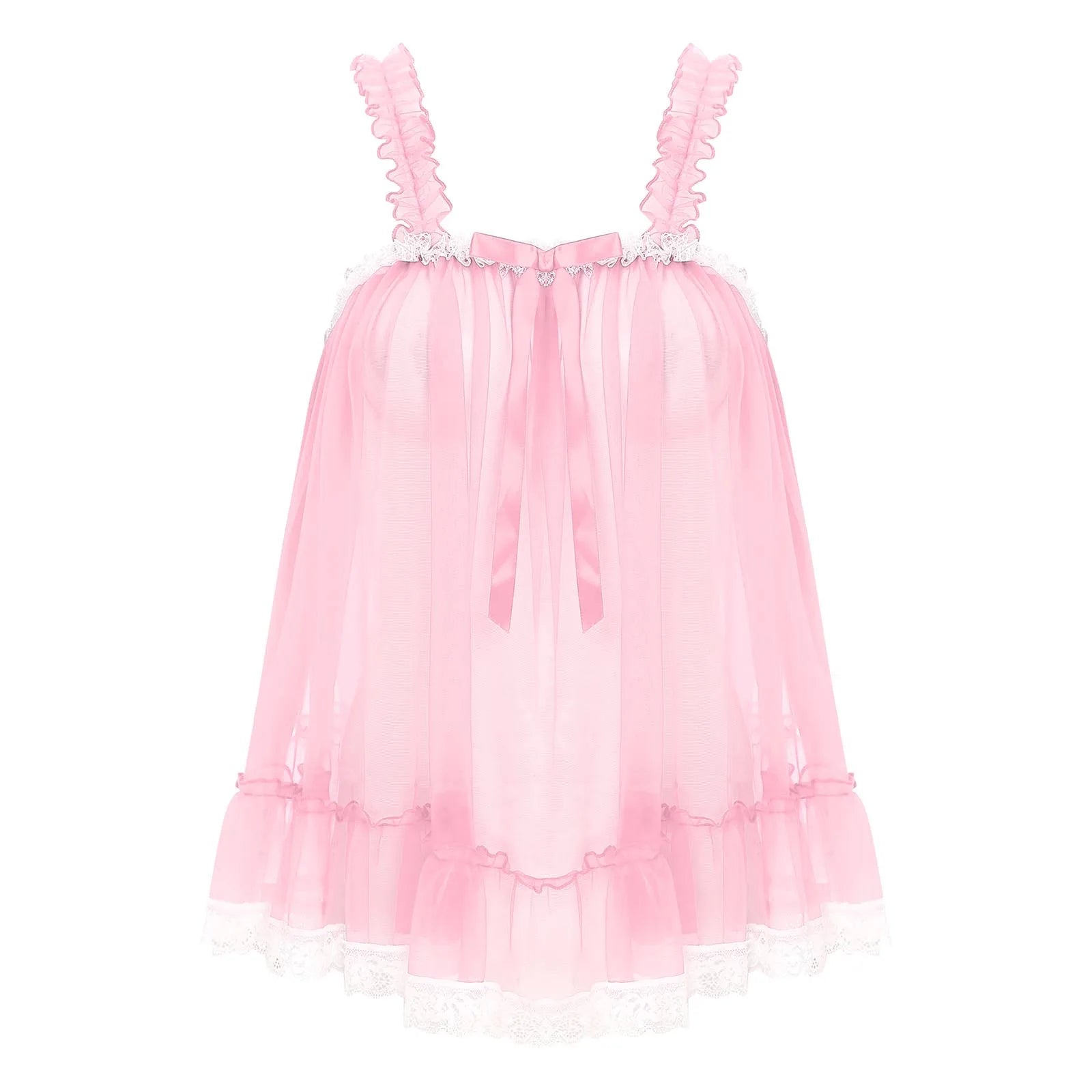 Womens Sexy See-Through Babydolls Sheer Mesh Top Ruffle Straps Bow Lace Trim Camisole Tops Lingerie Tempting Nightwear Clubwear