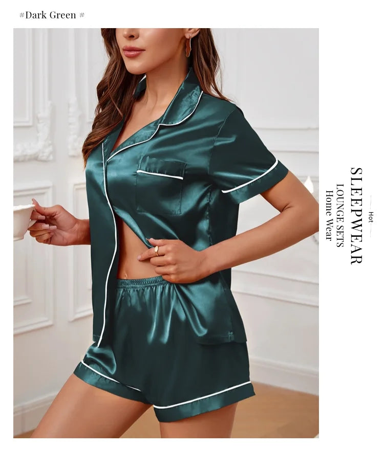 Women's Pajamas Set Summer Short Sleeve Button Down Top & Shorts Two-piece Pj Sets Sleepwear Loungewear Pyjama Femme Nightwear