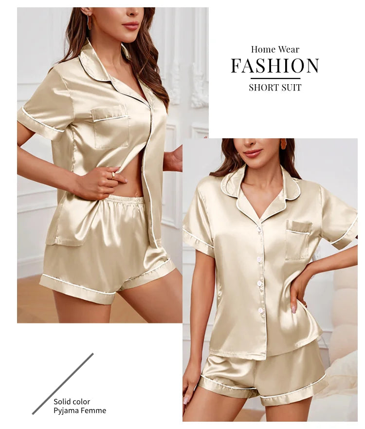 Women's Pajamas Set Summer Short Sleeve Button Down Top & Shorts Two-piece Pj Sets Sleepwear Loungewear Pyjama Femme Nightwear