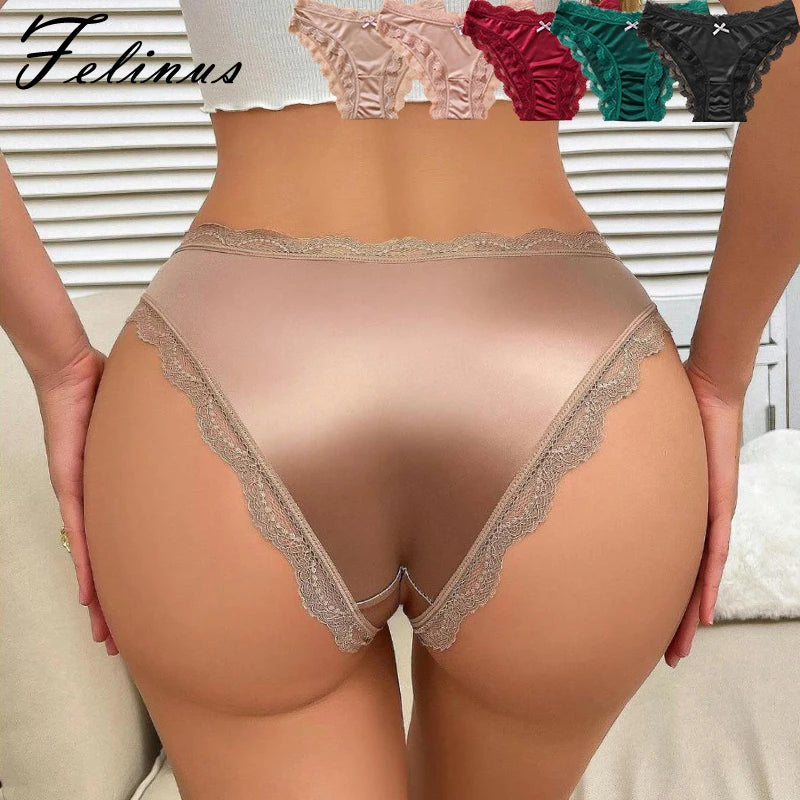 Felinus Ice Silk One-piece Slip Material Low Waist Sexy Lingerie Ladies French Satin Underwear Briefs New Lace Triangle Panties
