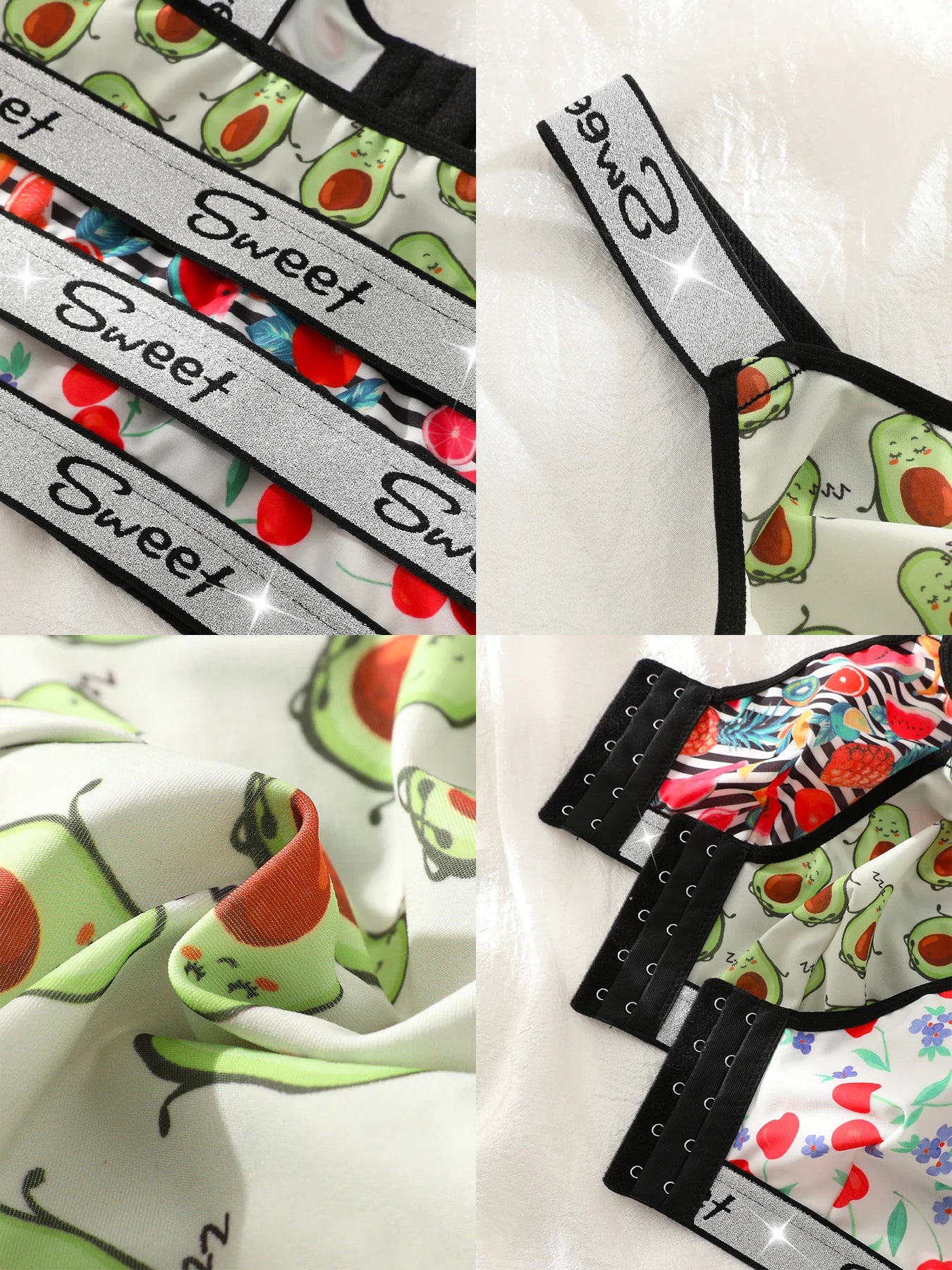 3 Pack Women's Wireless Bra, Mixed Fruit Print Front Closure Shiny Trim Comfort Bralette