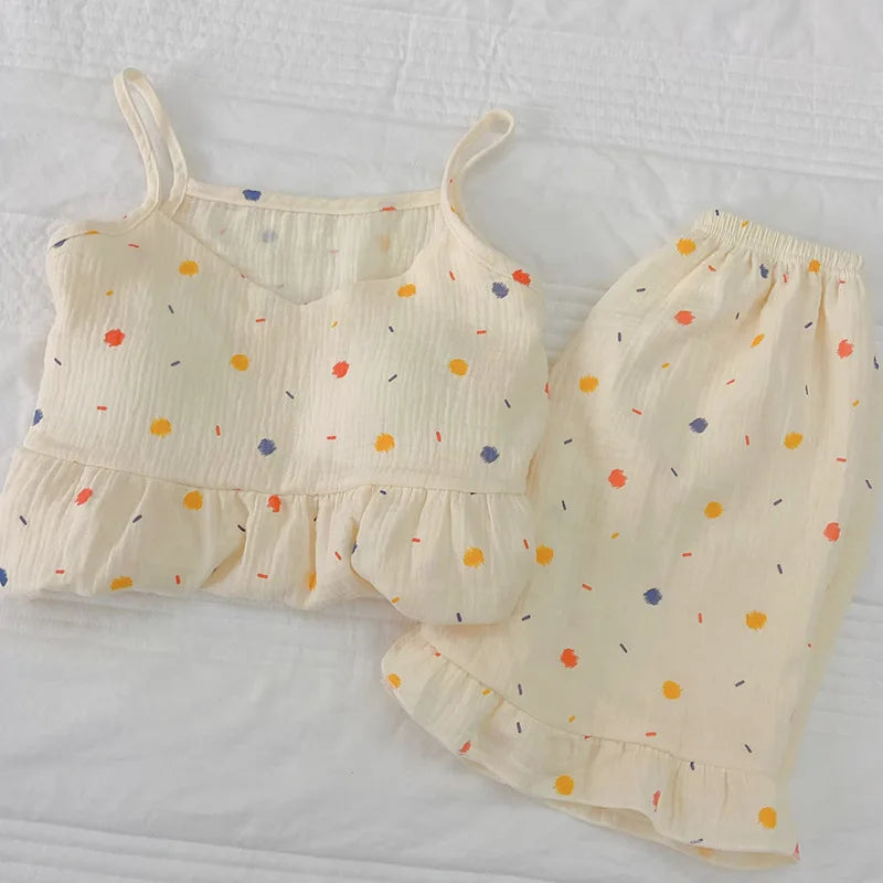 2026Women's Summer Cotton Sleepwear Sets Girl's Camisole Vest with Chest Cushion Shorts Cute Floral Two-piece Home Suit Set 2PCS