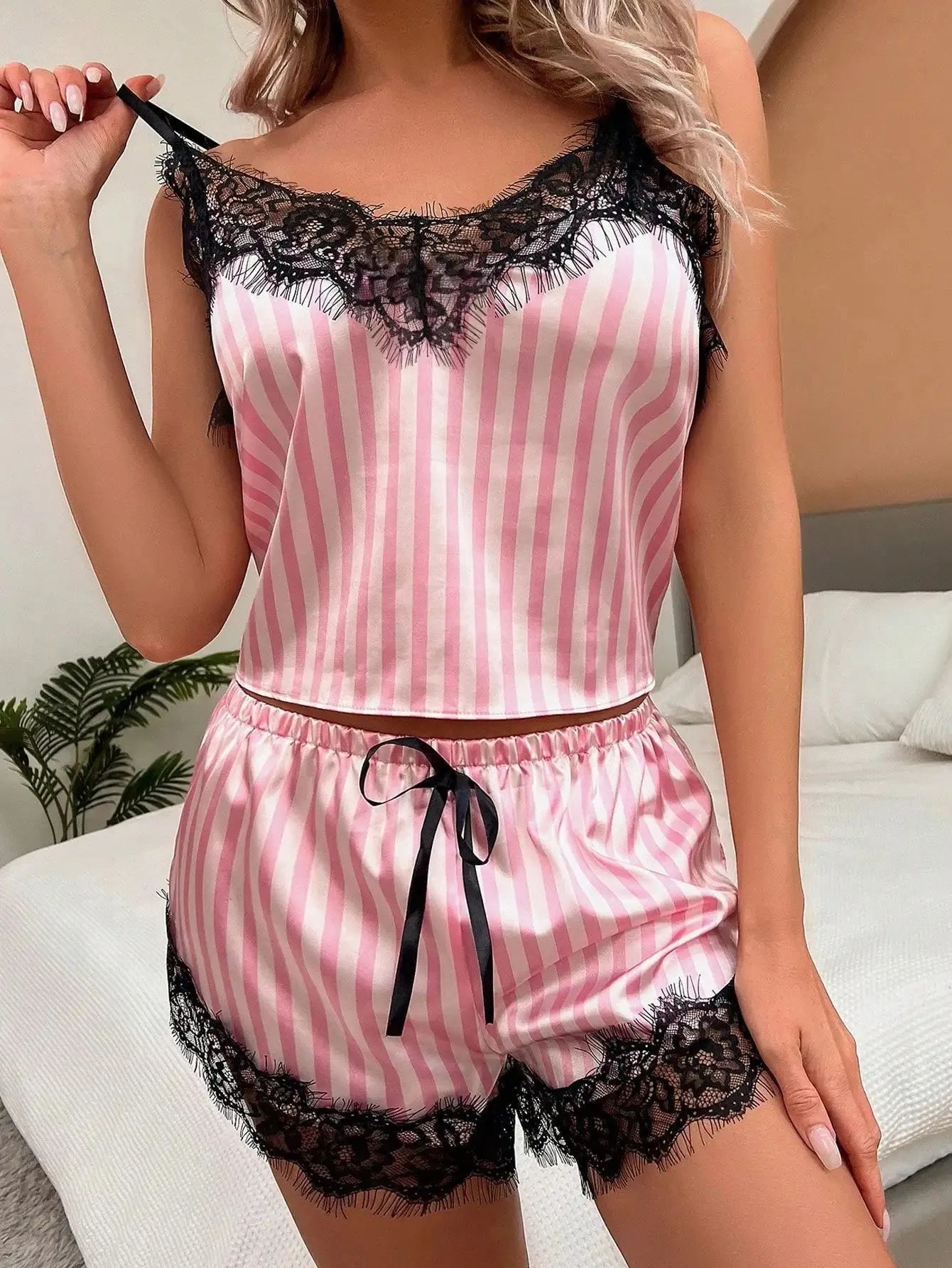 Sexy Women Striped Pajama Set Cami Top and Shorts Set with Lace Trim Sleepwear Loungewear  Nightwear Fashion Pink Plus Size