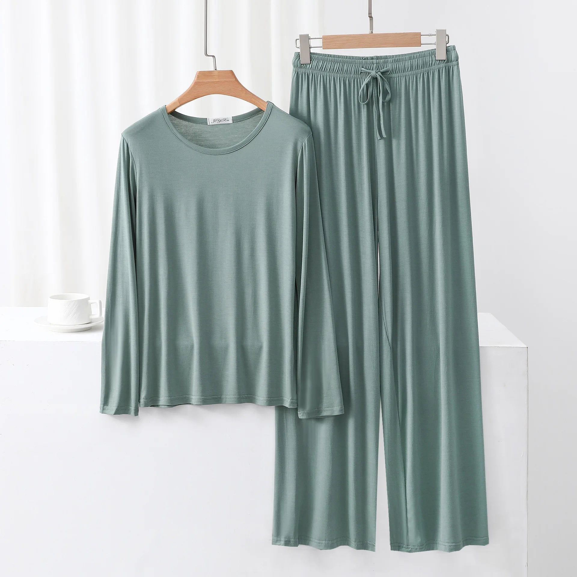 Modal Pajama Sets 2 Piece O-Neck Long sleeved Tshirt and Wide Leg Pant Ankle Length Loose sleepwear set Comfort homewear suits