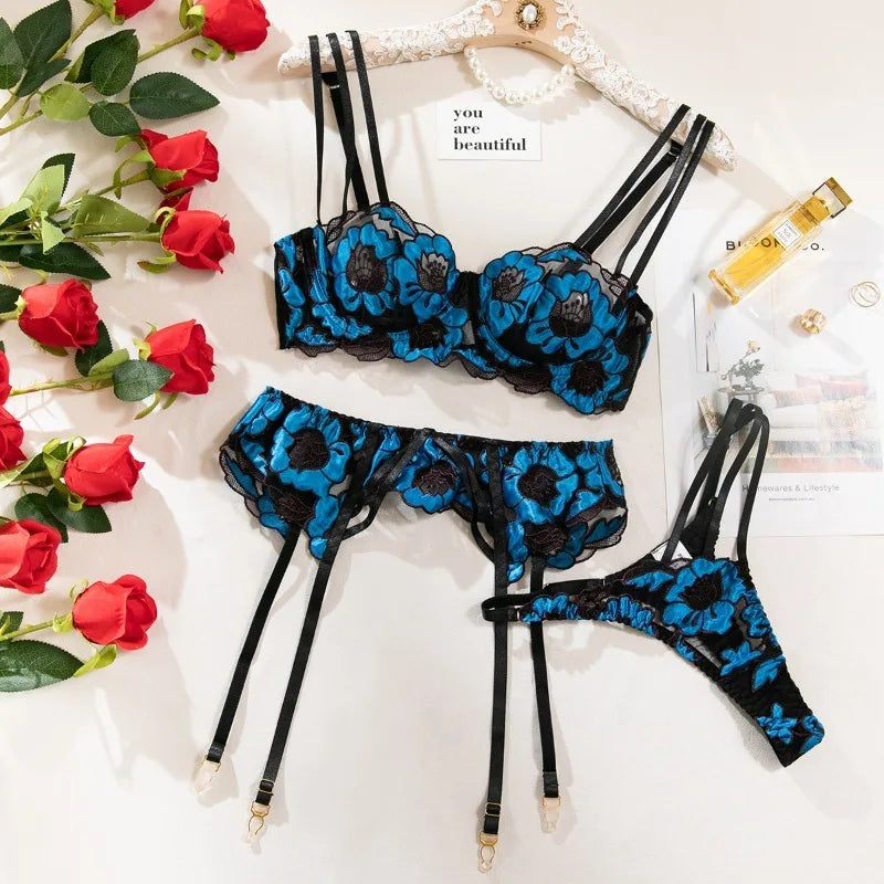 Sissy Sexy Lingerie Sets Exquisite Floral Embroidery 3 Pieces Set Beautiful Erotic Underwear Sheer Mesh Bra Panties Garters Belt