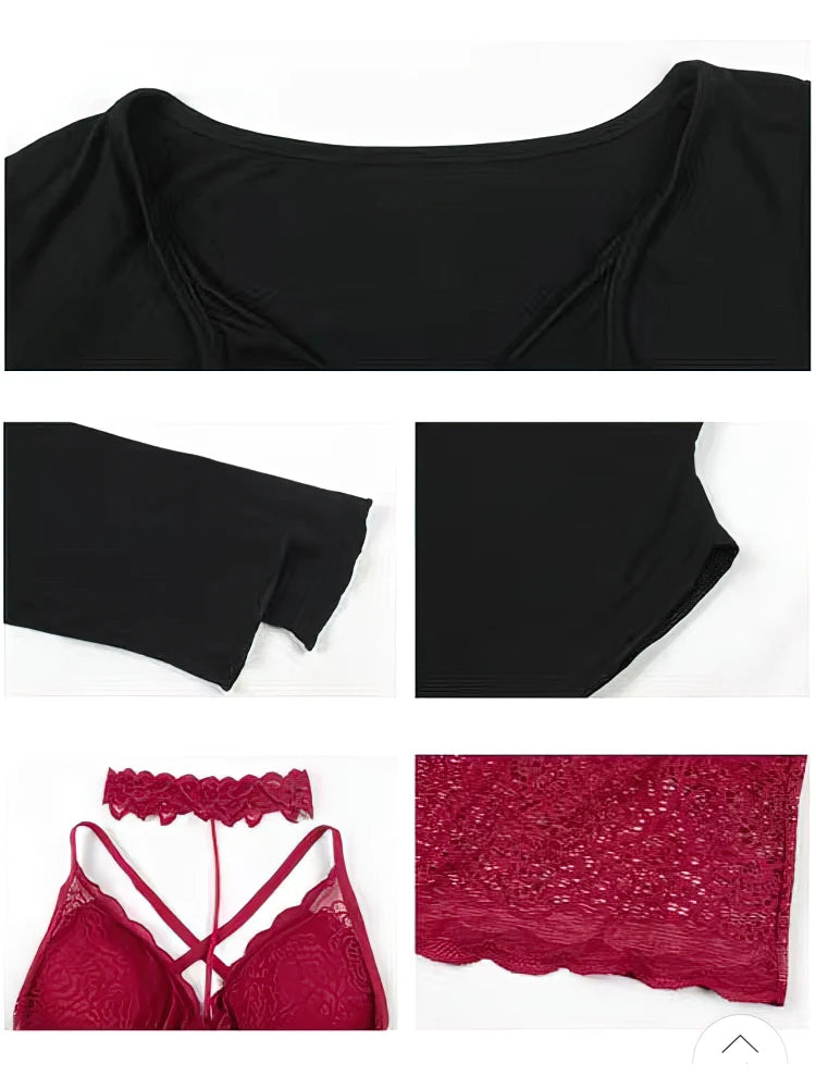 Sexy Lace 2 Piece Set Off Shoulder Long sleeve T-shirt Women Halter Corset Top Cami Top Set Basic Blouse Evening Party Outwear