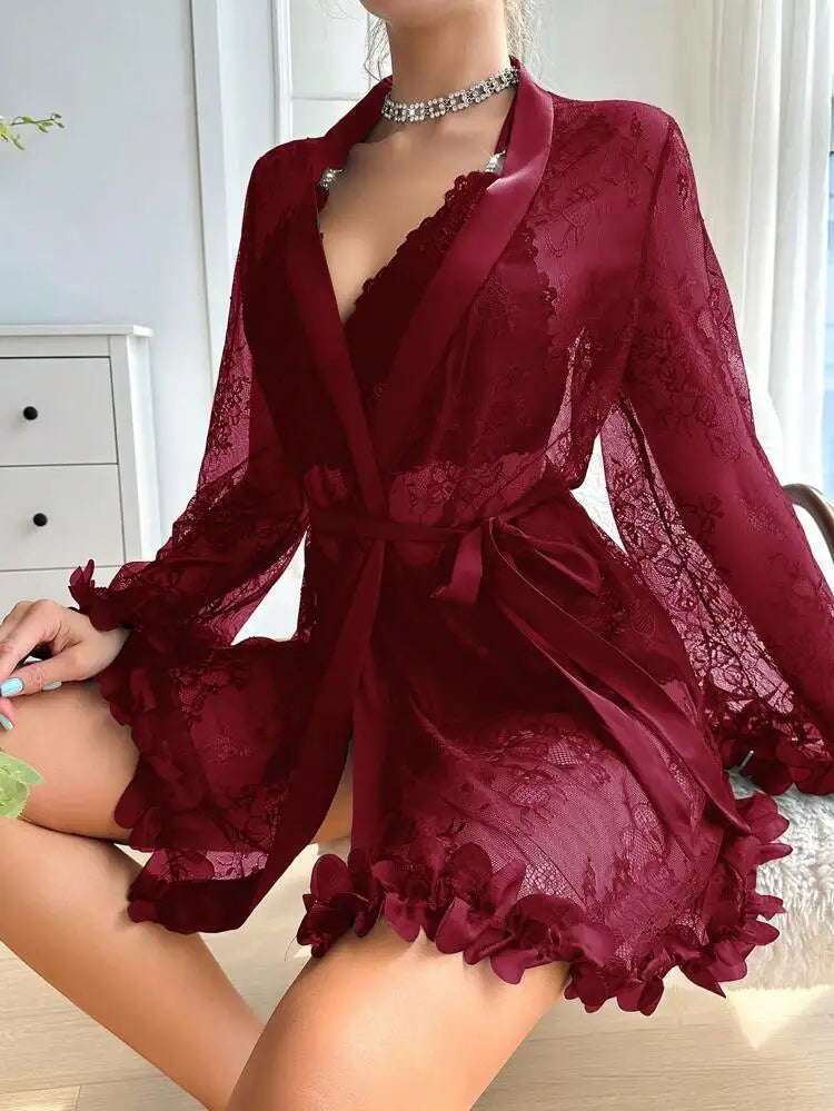 Women Sexy Robe Lingerie Set Lace V-neck Halter Bralette Underwear Suit + Transparent Mesh Bathrobe Nightwear Female Sleepwear