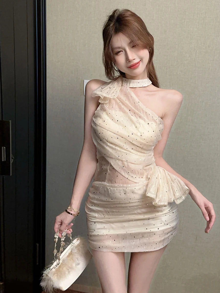 Sexy Sweet And Spicy Shoulder Bared Neckline Sleeveless Dress with Mesh See through Sparkling Sequin Splice Bodycon Short Skirt