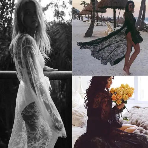 Women Sexy Lace Mesh Night Dress Hollow See-Through Long Robes Beach Cover-ups Cardigan Lingerie Sleepwear Nightwear Sleep Dress