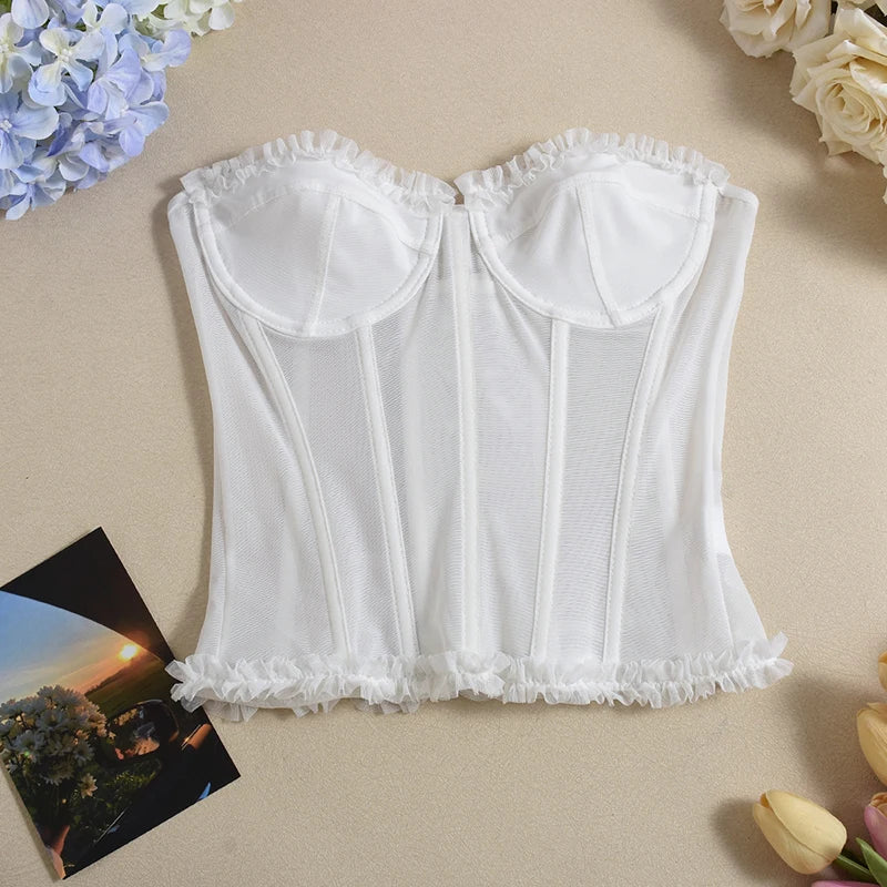 Women Sheer Lingerie Streetwear Lace-up Bustier Corset Tops Slim Backless y2k Tank Top Strapless Striped Sheath Sexy Camisole