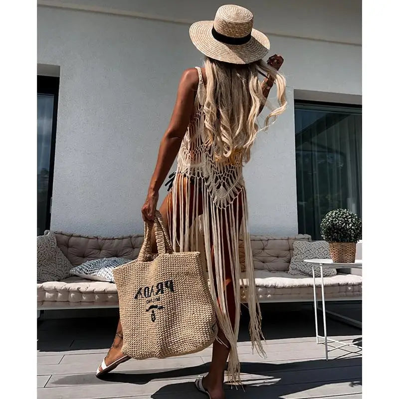 Beach Cover Ups for Swimwear Women Sexy Hand Hook Hollow Out Sunscreen Shirt with Long Tassel Beach Cover