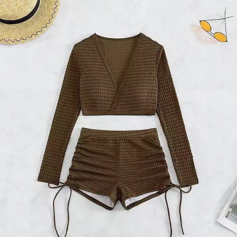 Sexy Long Sleeve Bikini 2 Piece for Women Textured V Neck Crop Top High Waisted Drawstring Swimwear Push Up Bathing Suit