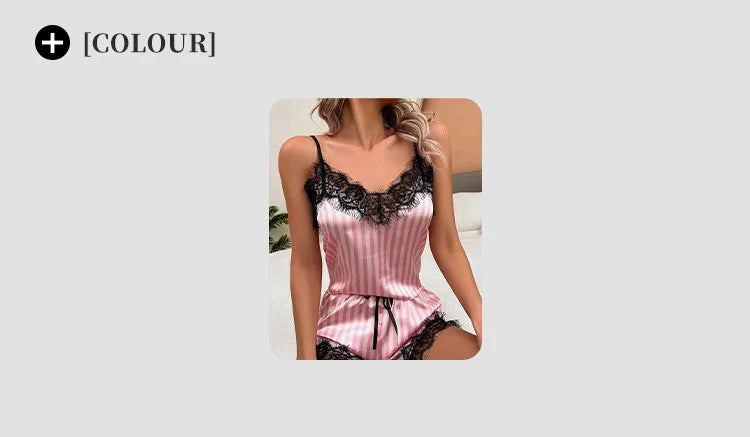 Sexy Women Striped Pajama Set Cami Top and Shorts Set with Lace Trim Sleepwear Loungewear  Nightwear Fashion Pink Plus Size