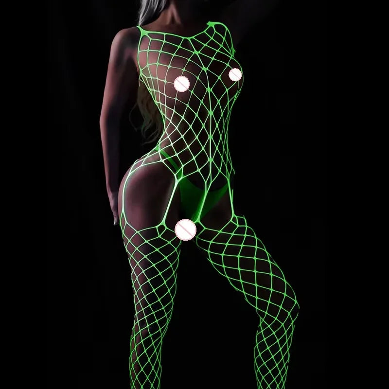 Sexy Hollow Out Luminous Bodysuit Sexy Lingerie See Through One-piece Luminous Suspenders Mesh Clothes Fishnet Socks Dress