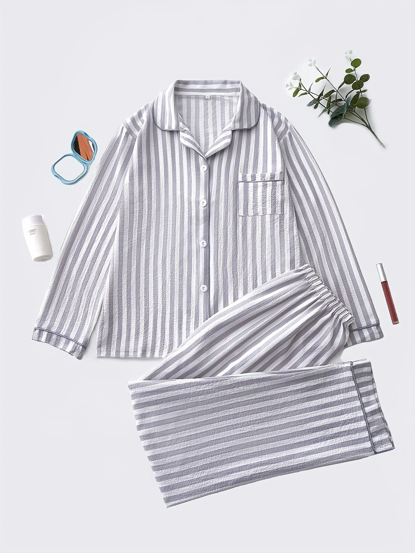 Elegant Striped Polyester Pajama Set for Women with Lapel Collar, Long Sleeve Button-Up Top, and Long Pants, Fall/Winter Woven S